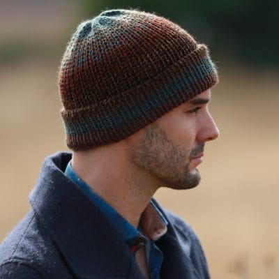 Man wearing Kodiac Fisherman Trawler Beanie hat, Handmade in Scotland – Lelsloom