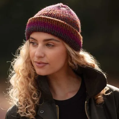 Woman wearing Phoenix grunge beanie hat, Handmade in Scotland – Lelsloom